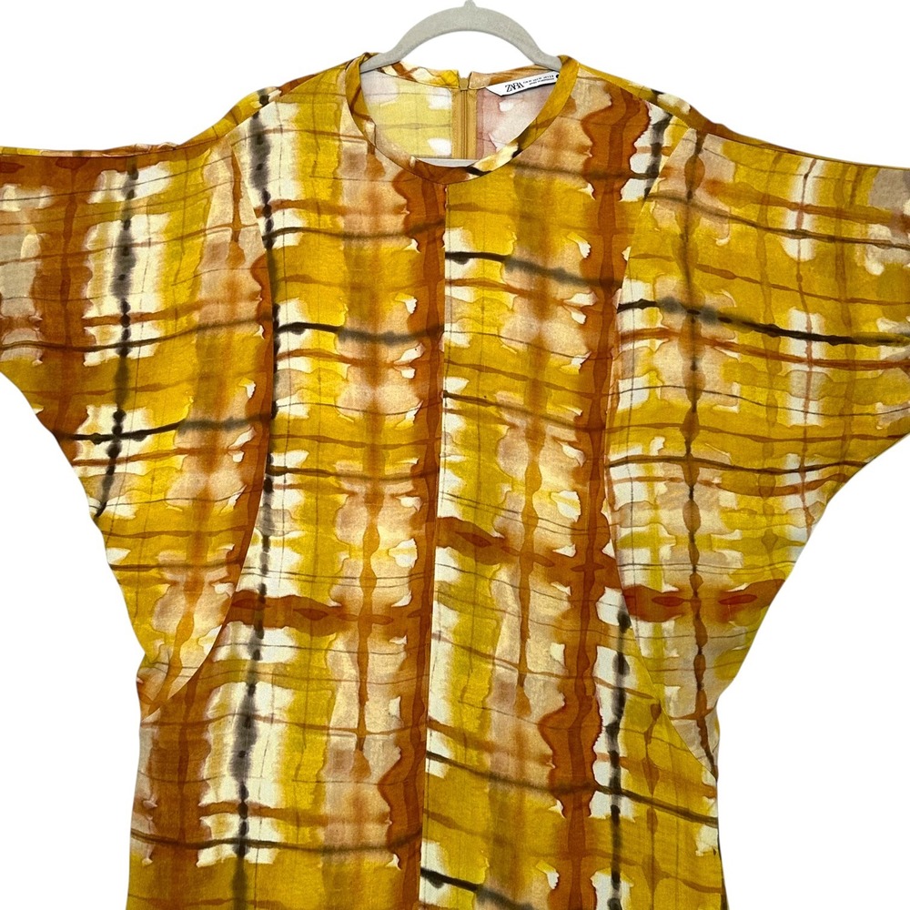Zara Dress Tie Dye Plaid Print Dolman Sleeve Maxi Mustard Yellow M Blogger Fav - Picture 5 of 16